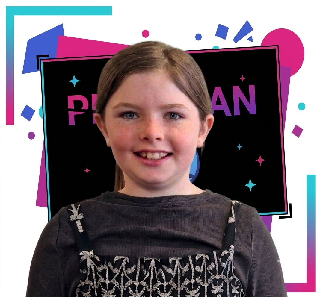 Lucy holding her custom 3D printed magic name plate